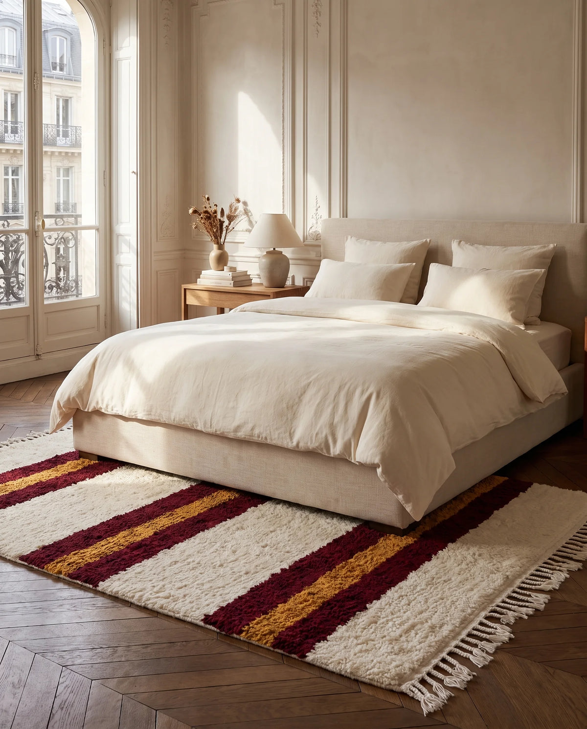 Burgundy, Ochre Yellow and Cream striped wool rug in a furnished room