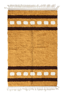 Dash Bands striped wool rug, dark brown bands and cream stripes on ochre yellow, full view