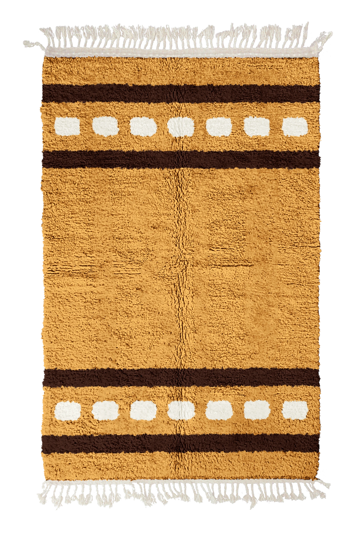 Dash Bands striped wool rug, dark brown bands and cream stripes on ochre yellow, full view