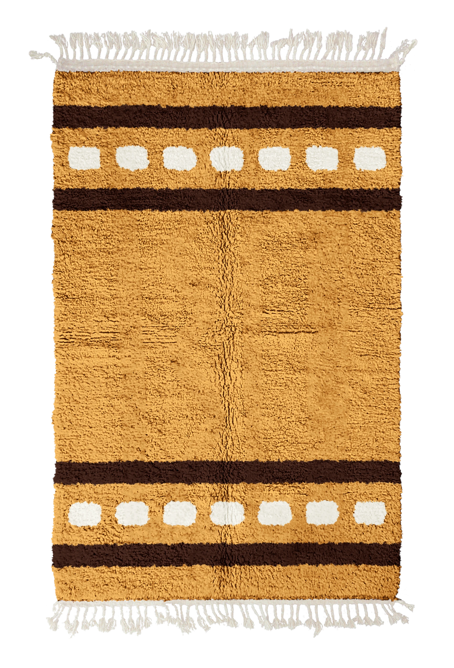 Dash Bands striped wool rug, dark brown bands and cream stripes on ochre yellow, full view