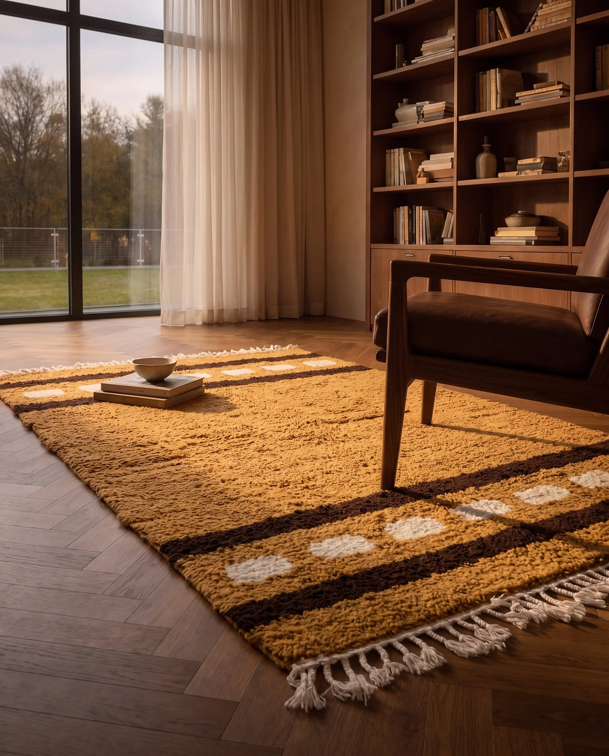 Brown, Cream and Ochre Yellow striped wool rug in a furnished room