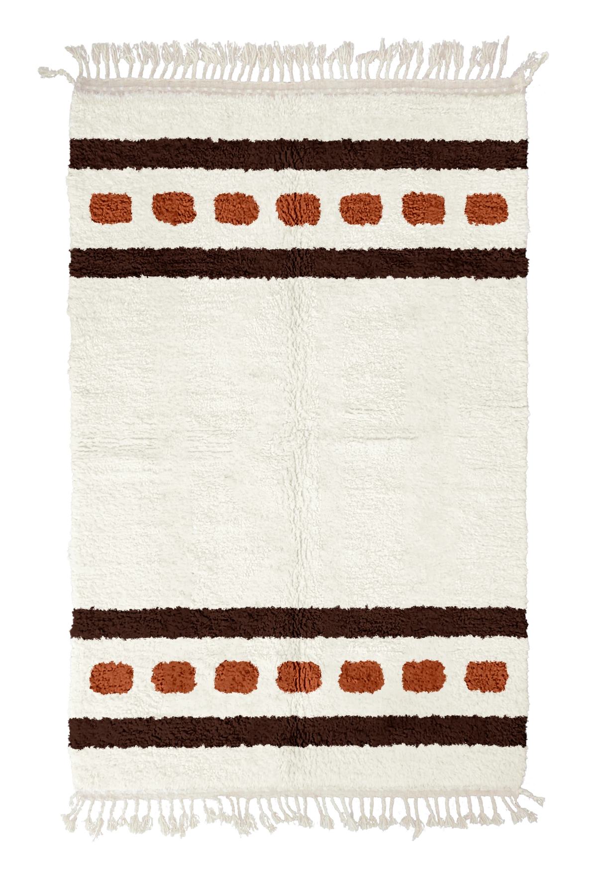 Dash Bands striped wool rug, dark brown bands and terracotta stripes on cream, full view