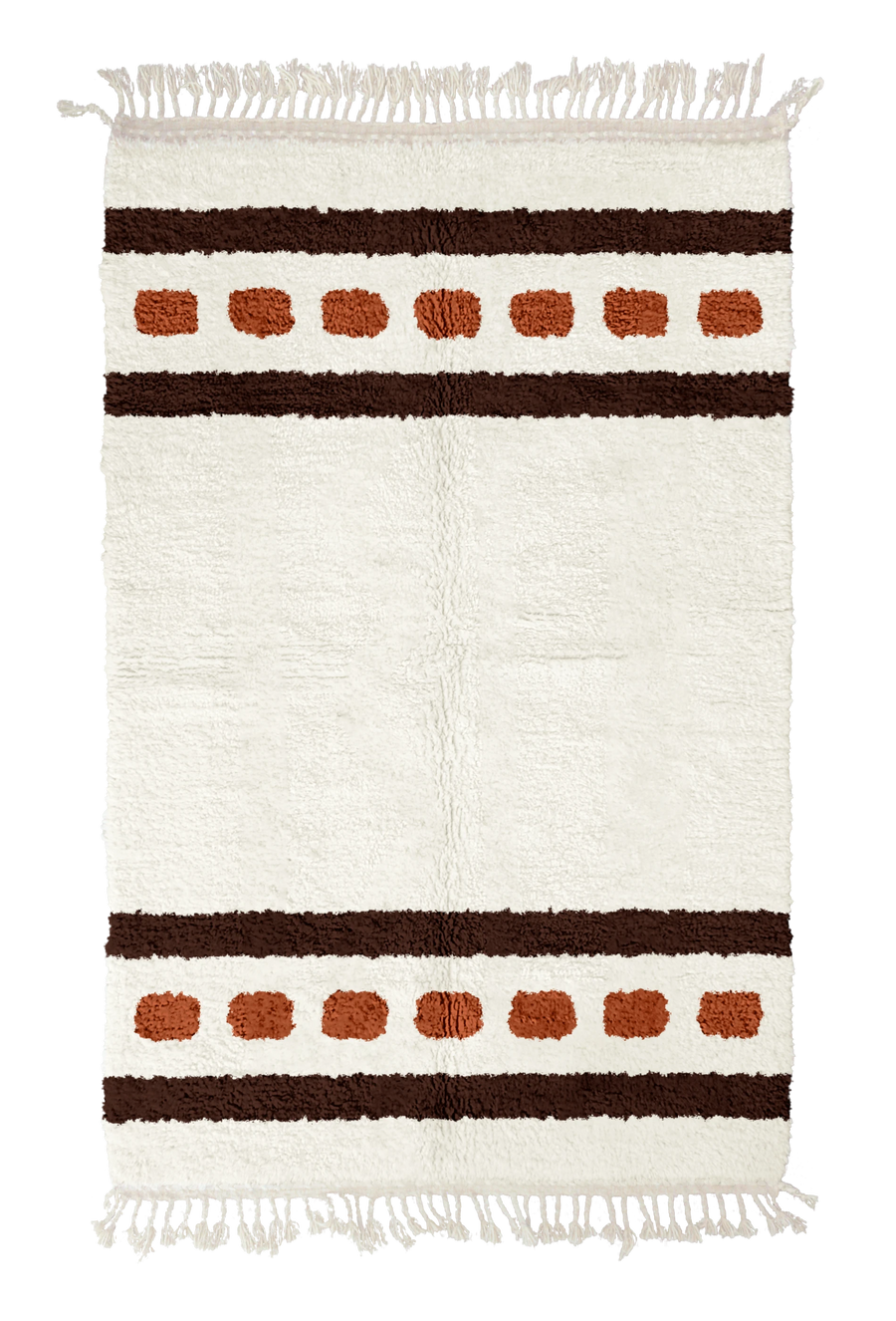 Dash Bands striped wool rug, dark brown bands and terracotta stripes on cream, full view
