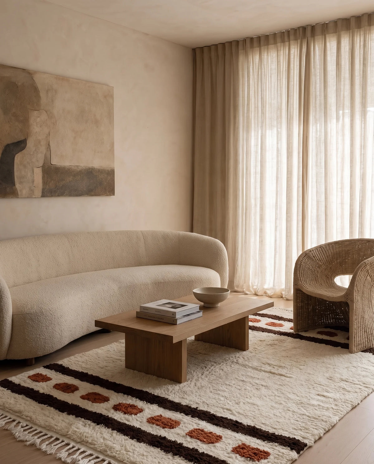 Brown, Terracotta and Cream striped wool rug in a furnished room