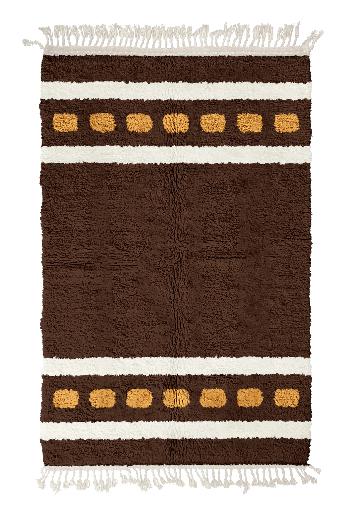 Dash Bands striped wool rug, cream bands and ochre yellow stripes on dark espresso brown, full view