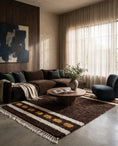 Load image into Gallery viewer, Cream, Ochre Yellow and Dark Brown striped wool rug in a furnished room

