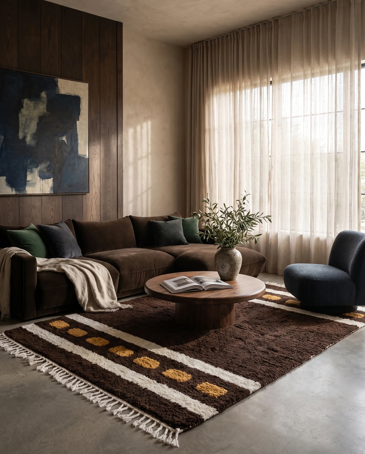 Cream, Ochre Yellow and Dark Brown striped wool rug in a furnished room