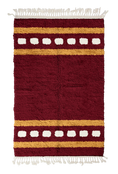 Load image into Gallery viewer, Dash Bands striped wool rug, ochre yellow bands and cream stripes on burgundy, full view
