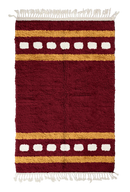 Dash Bands striped wool rug, ochre yellow bands and cream stripes on burgundy, full view