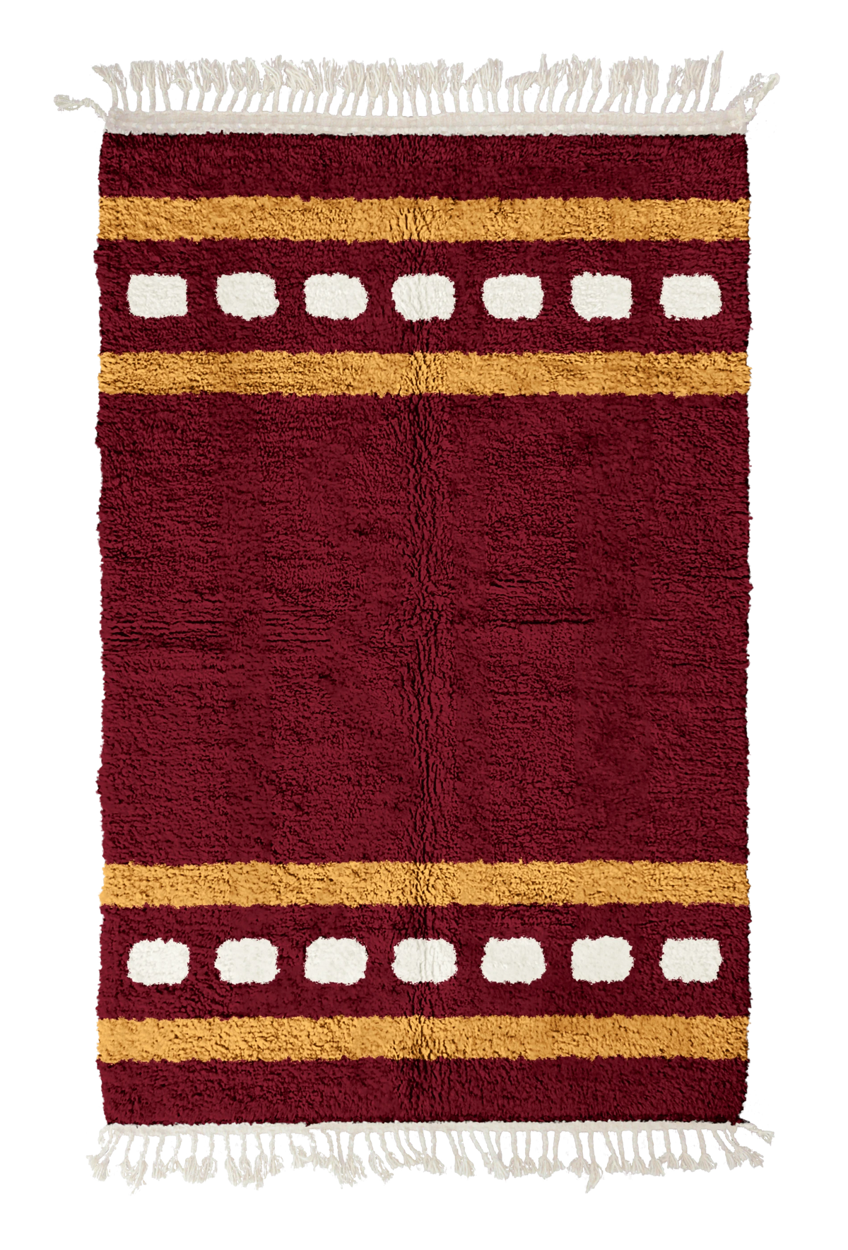 Dash Bands striped wool rug, ochre yellow bands and cream stripes on burgundy, full view