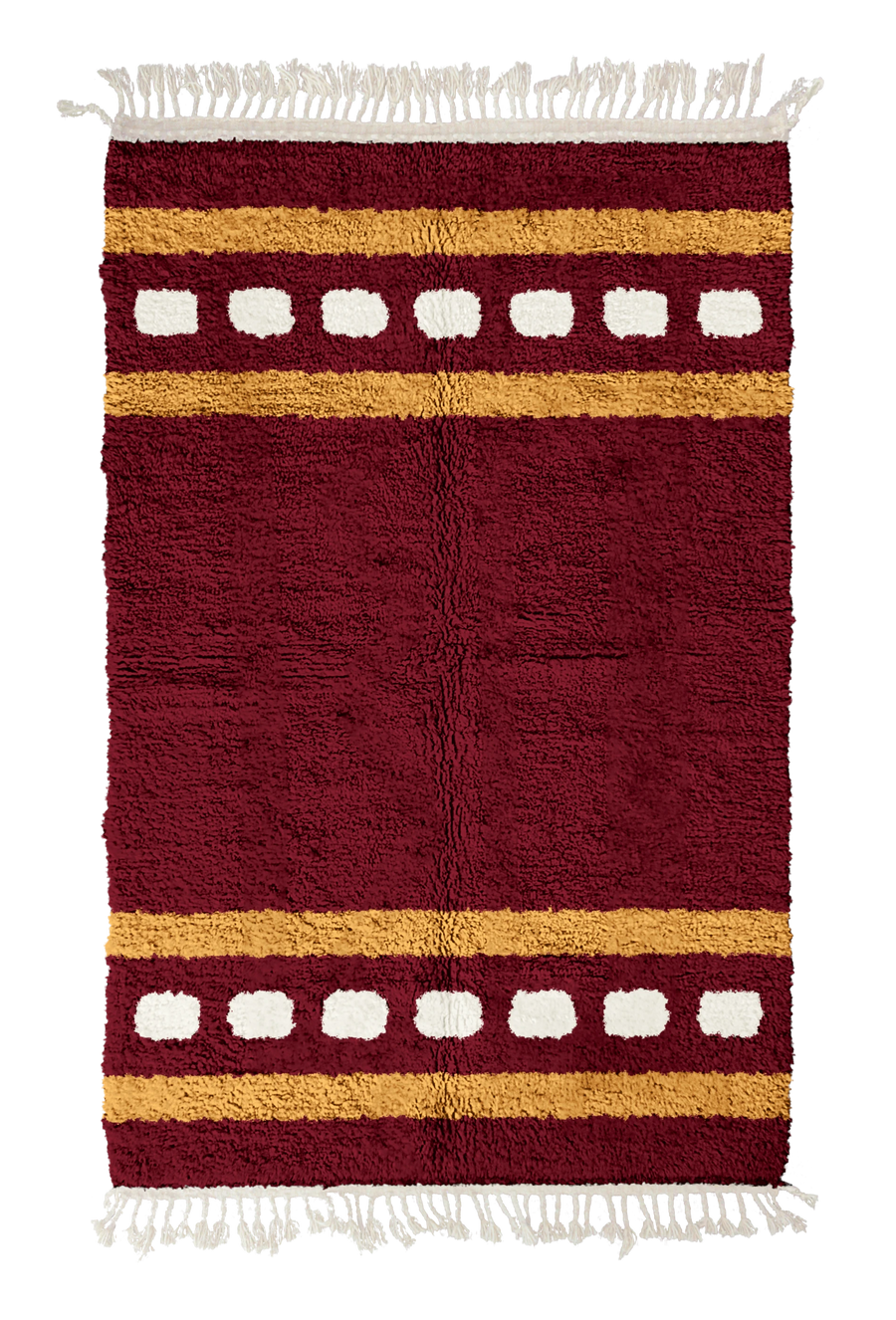 Dash Bands striped wool rug, ochre yellow bands and cream stripes on burgundy, full view