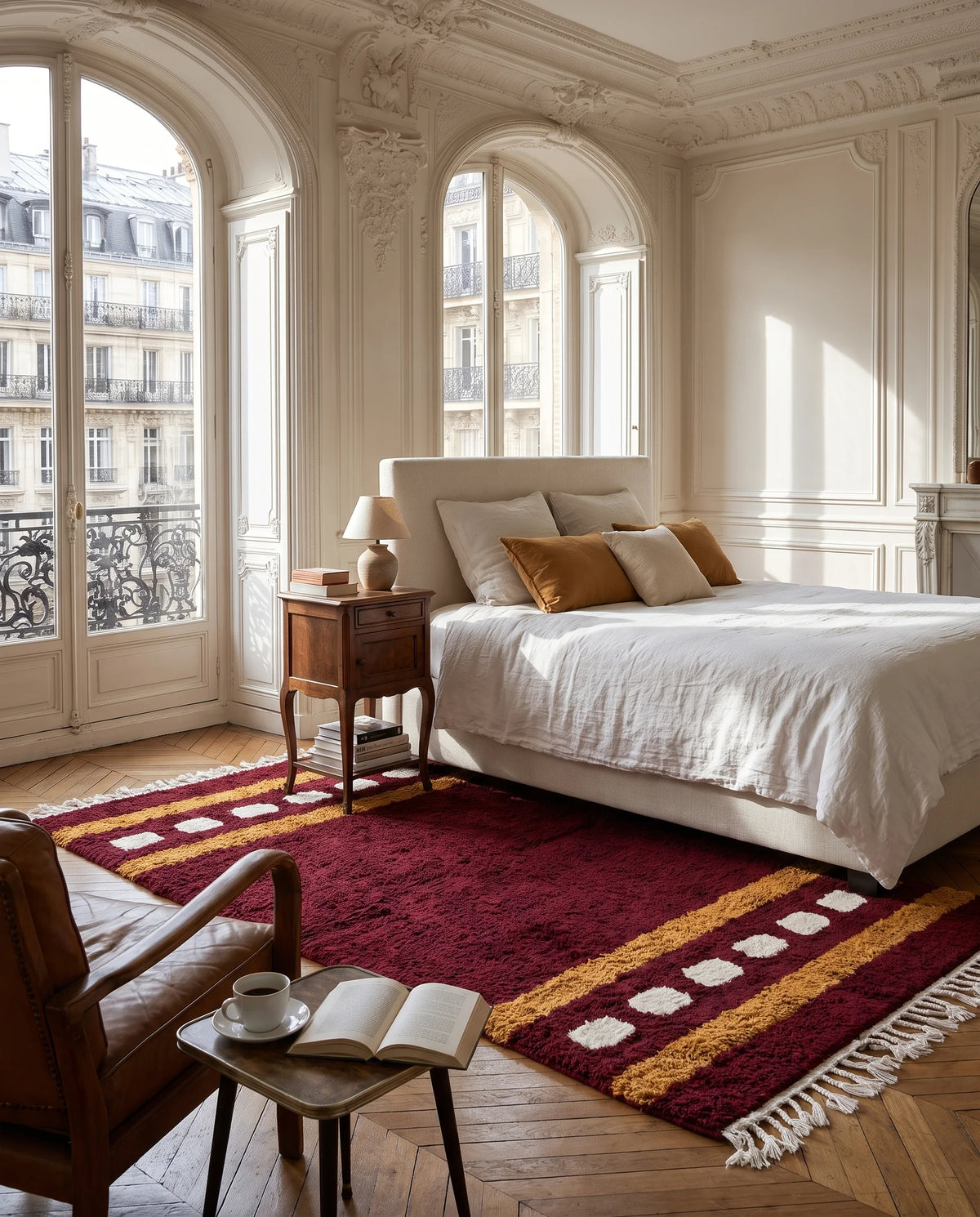 Ochre Yellow, Cream and Burgundy striped wool rug in a furnished room