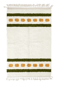 Load image into Gallery viewer, Dash Bands striped wool rug, olive green bands and ochre yellow stripes on cream, full view

