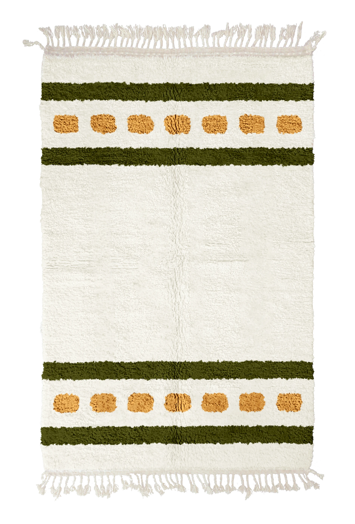 Dash Bands striped wool rug, olive green bands and ochre yellow stripes on cream, full view