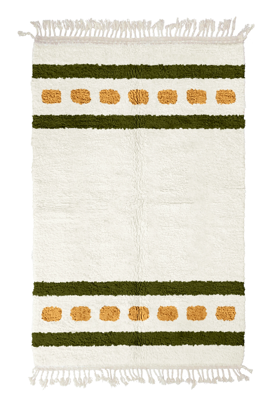 Dash Bands striped wool rug, olive green bands and ochre yellow stripes on cream, full view
