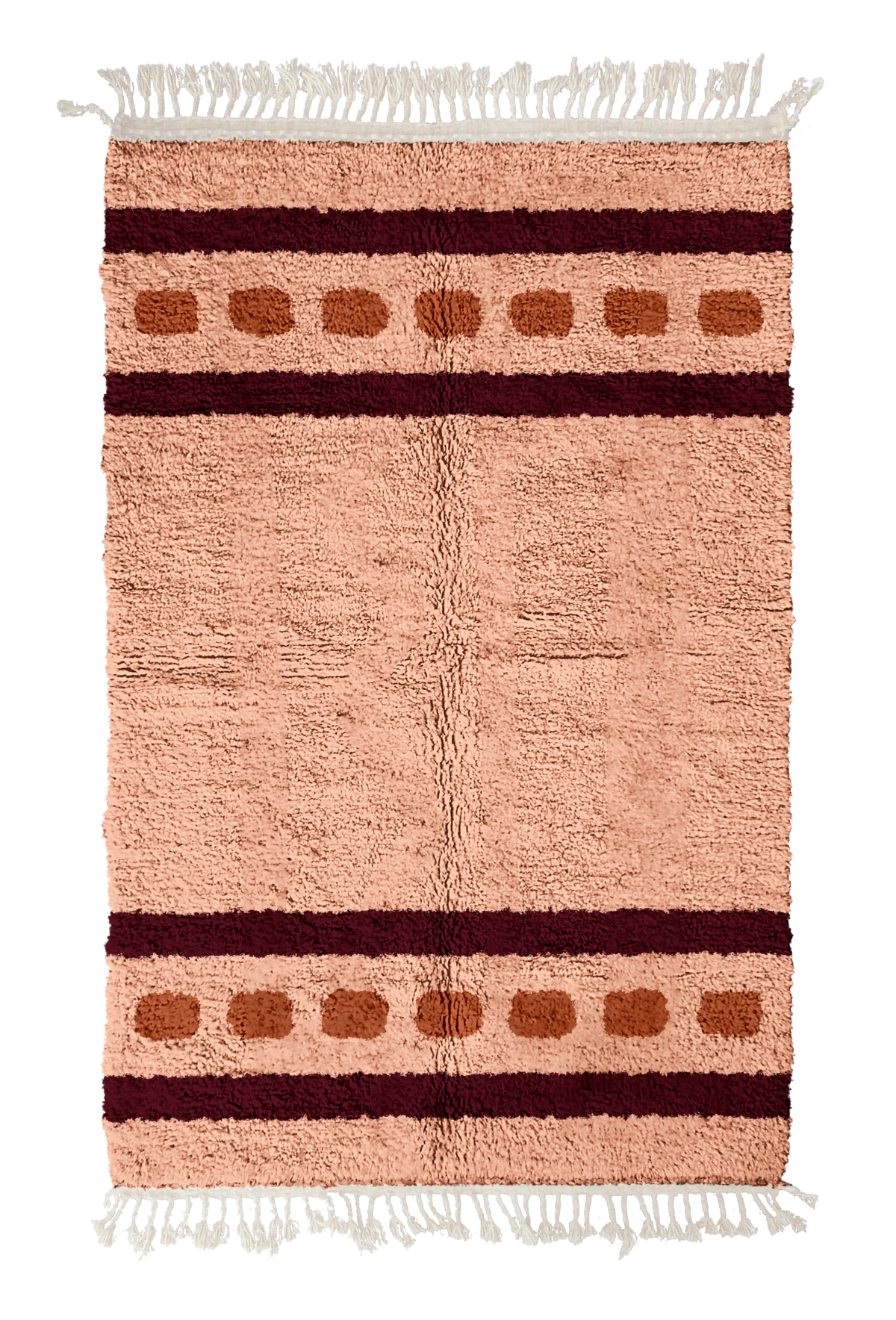 Dash Bands striped wool rug, oxblood red bands and terracotta stripes on blush pink, full view