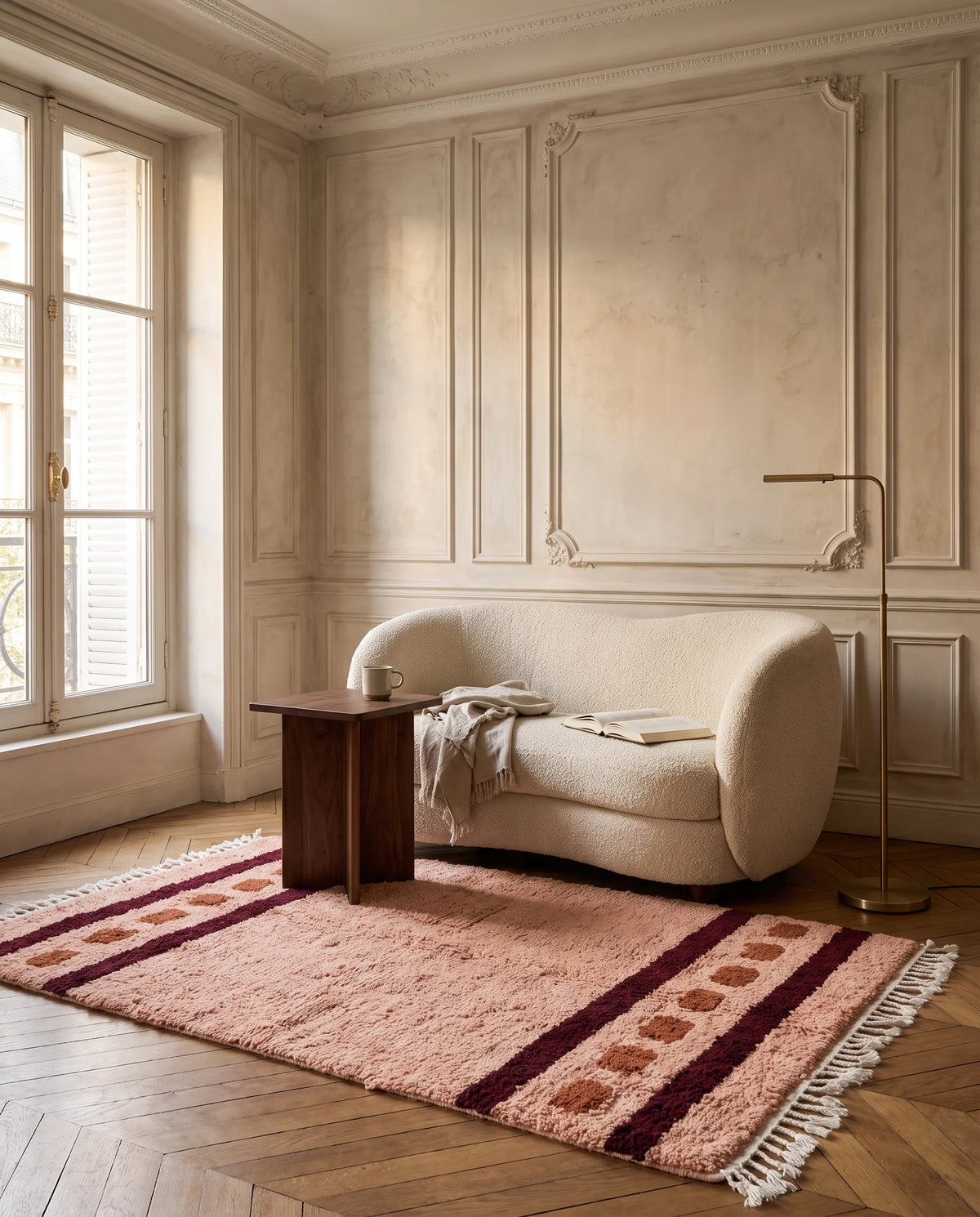 Burgundy, Terracotta and Blush Pink striped wool rug in a furnished room