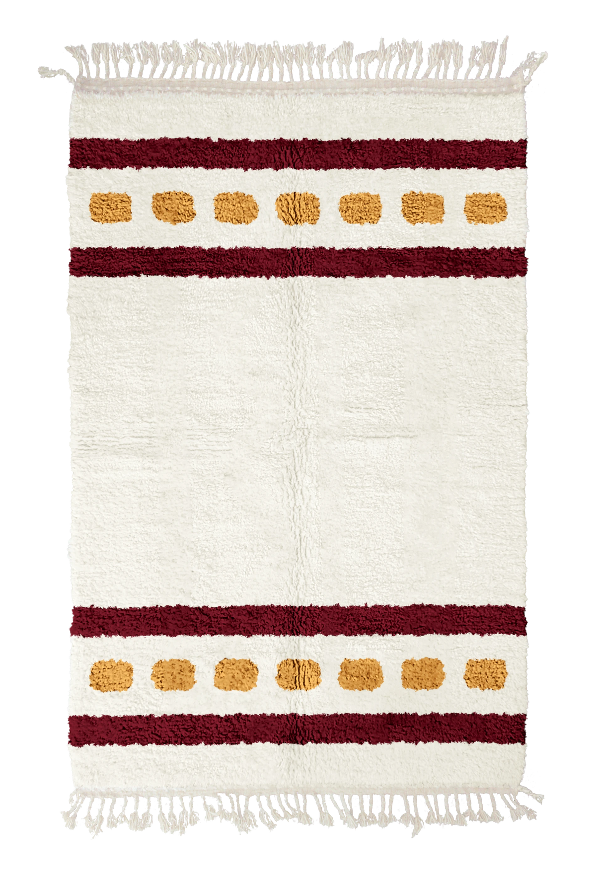 Dash Bands striped wool rug, burgundy bands and ochre yellow stripes on cream, full view