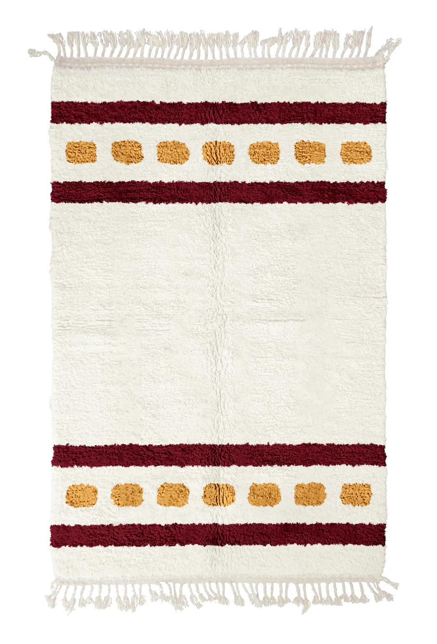 Dash Bands striped wool rug, burgundy bands and ochre yellow stripes on cream, full view