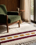 Load image into Gallery viewer, Burgundy, Ochre Yellow and Cream striped wool rug in a furnished room
