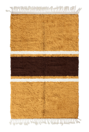 Sash Bands striped wool rug, dark brown bands and cream stripes on ochre yellow, full view