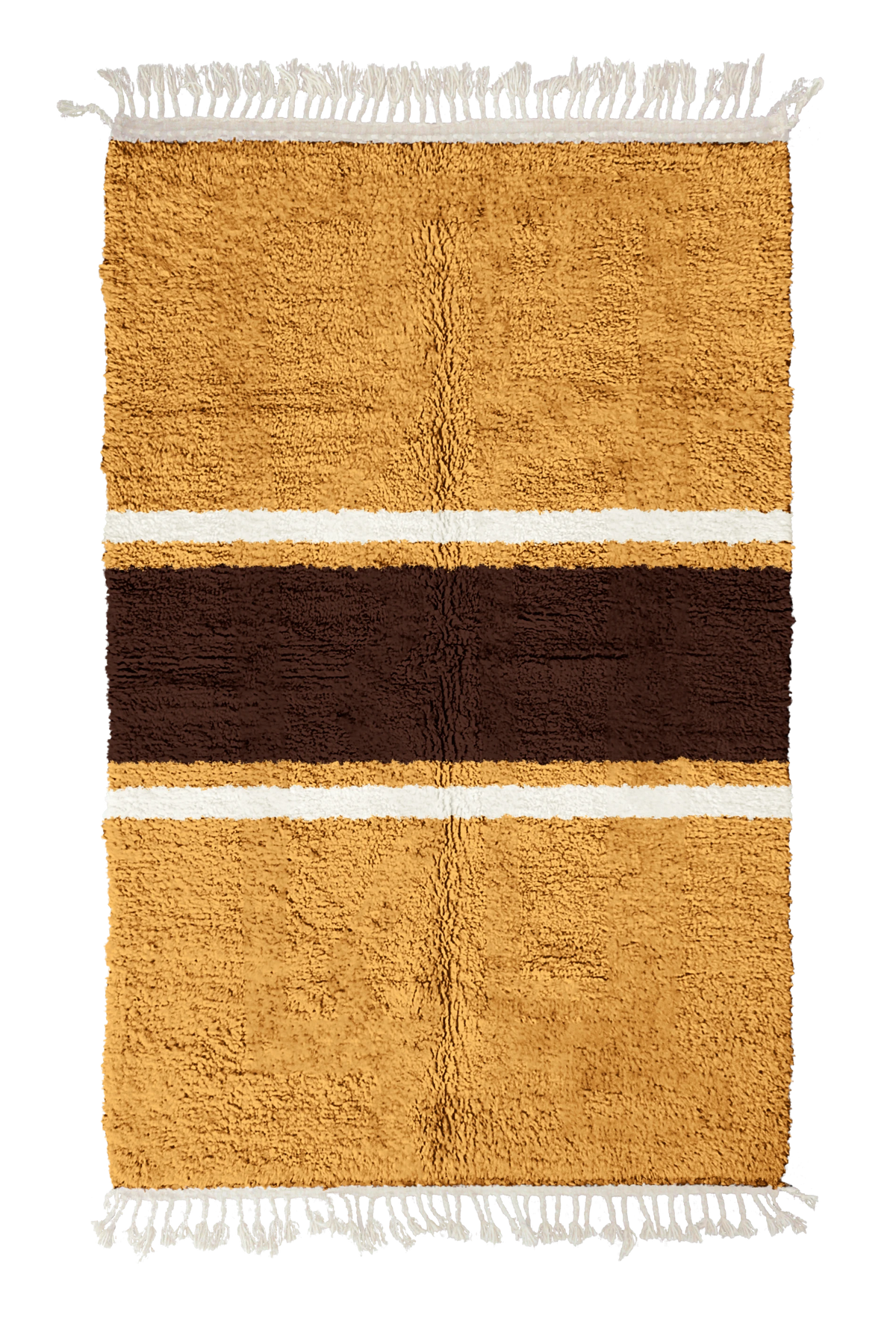 Sash Bands striped wool rug, dark brown bands and cream stripes on ochre yellow, full view