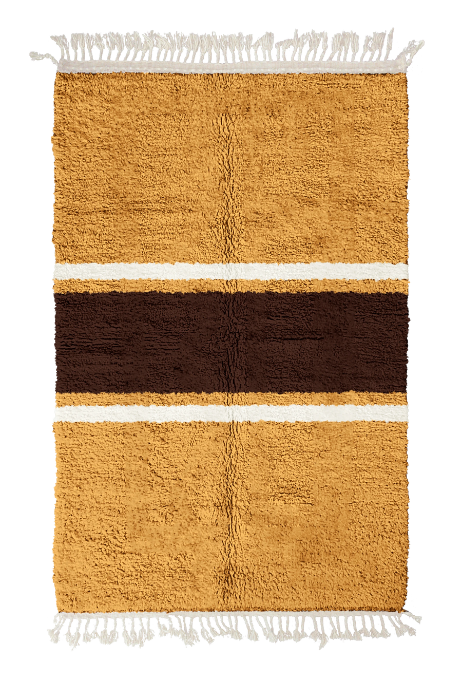 Sash Bands striped wool rug, dark brown bands and cream stripes on ochre yellow, full view