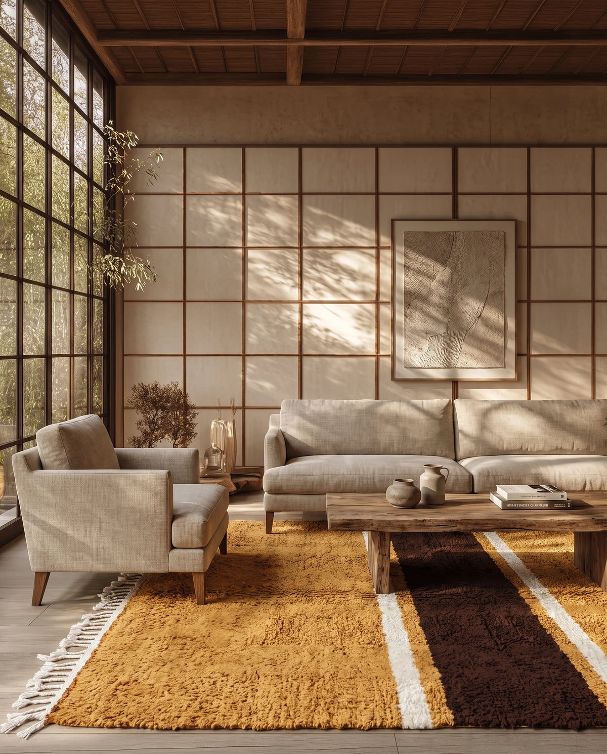 Brown, Cream and Ochre Yellow striped wool rug in a furnished room