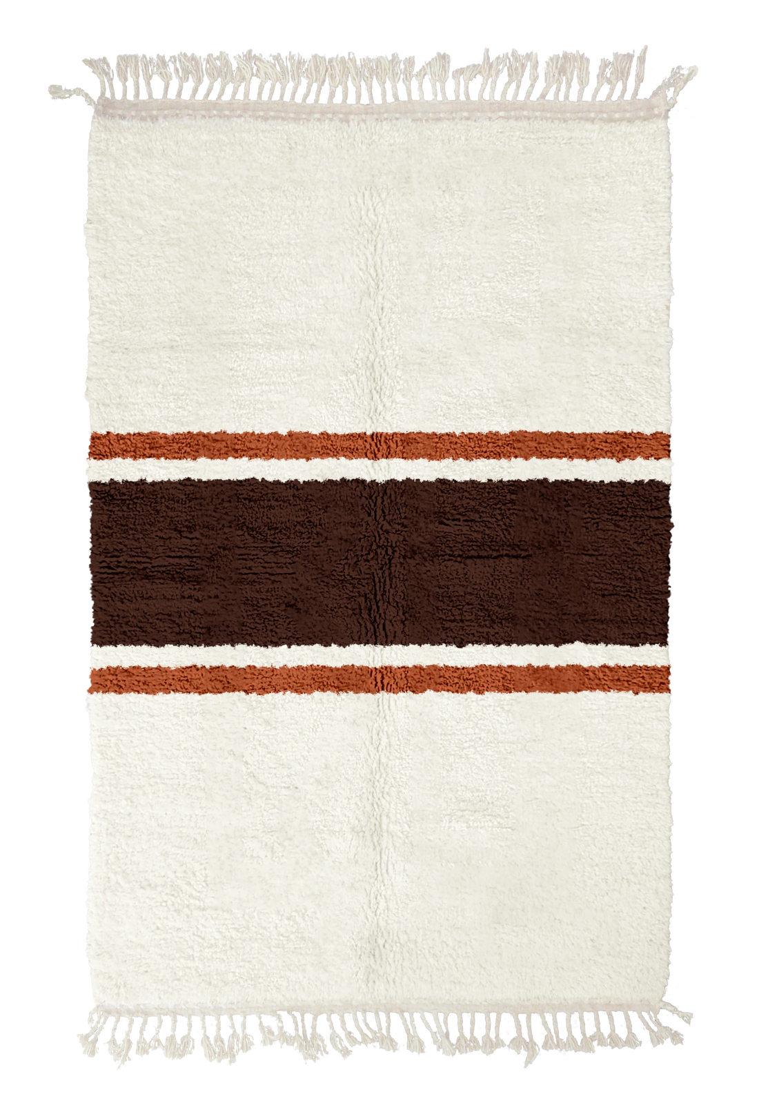 Sash Bands striped wool rug, dark brown bands and terracotta stripes on cream, full view