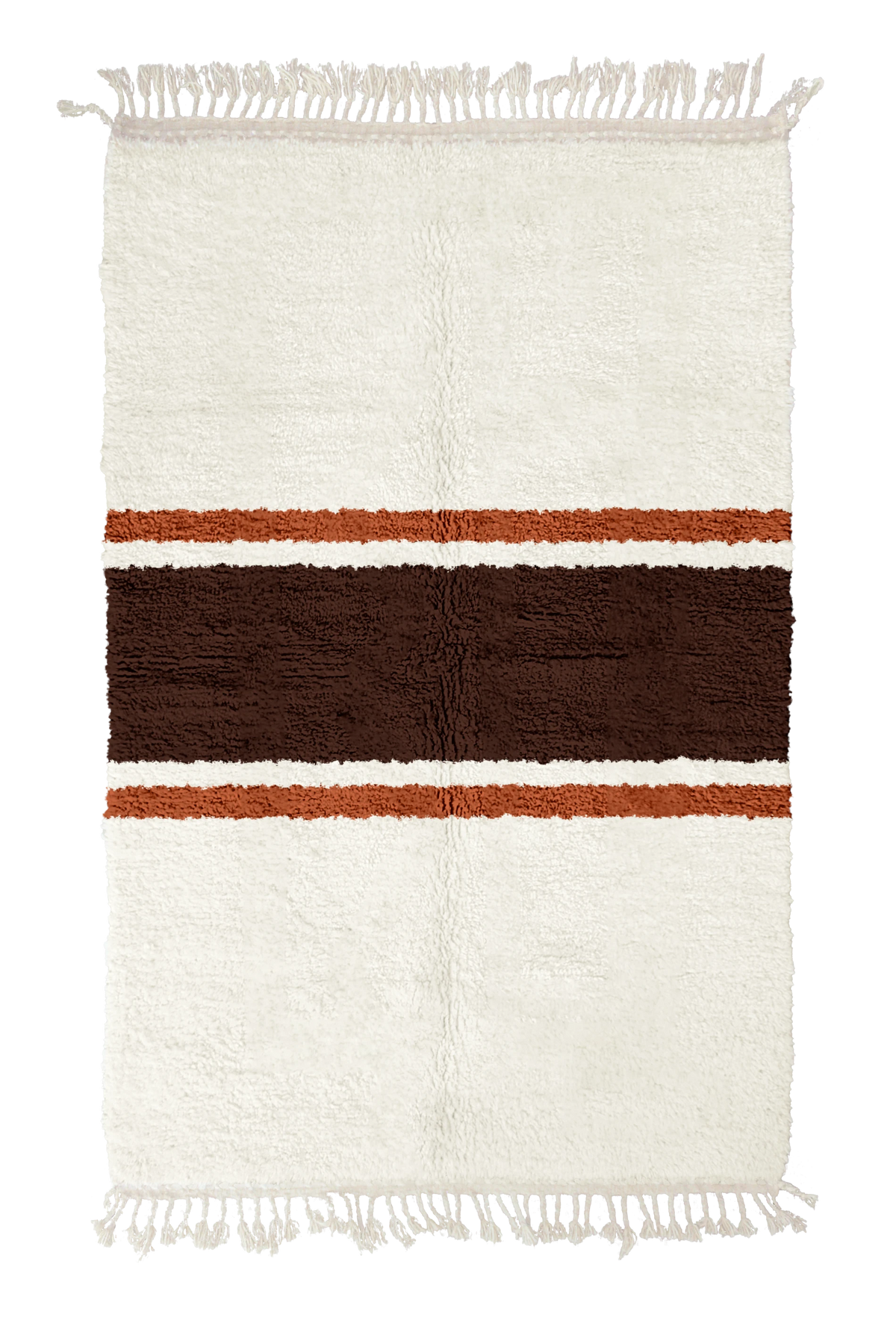 Sash Bands striped wool rug, dark brown bands and terracotta stripes on cream, full view