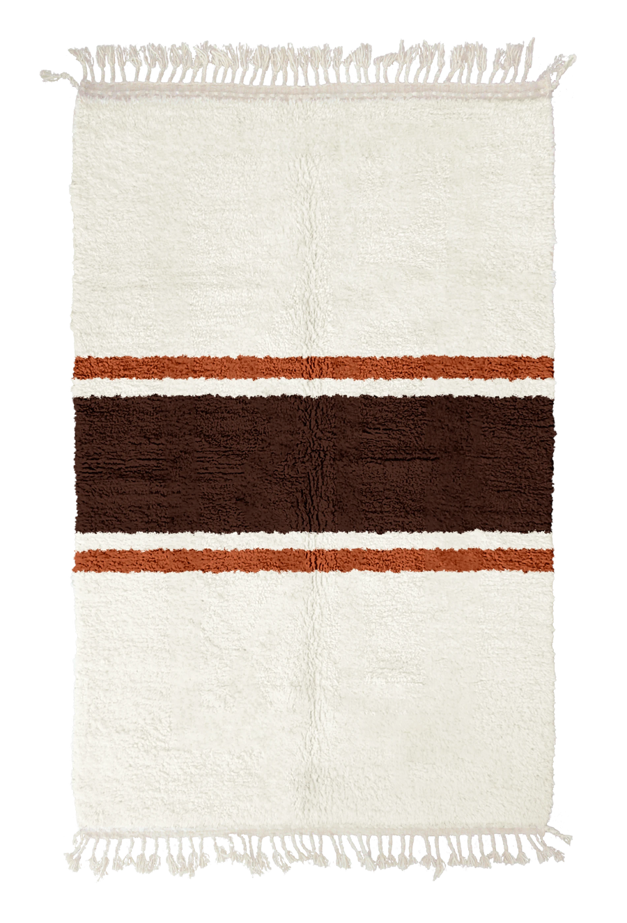 Sash Bands striped wool rug, dark brown bands and terracotta stripes on cream, full view