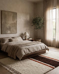 Load image into Gallery viewer, Brown, Terracotta and Cream striped wool rug in a furnished room
