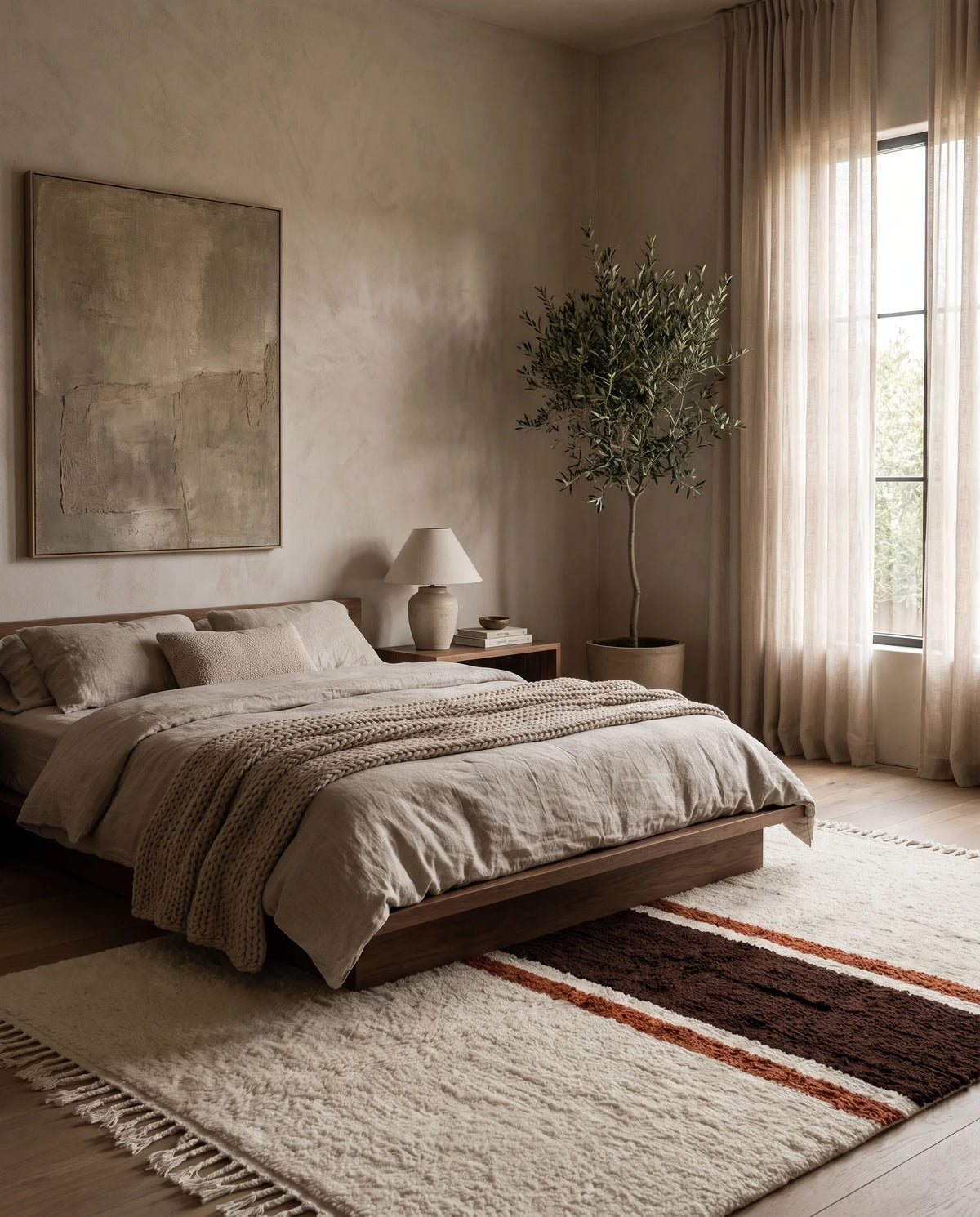 Brown, Terracotta and Cream striped wool rug in a furnished room