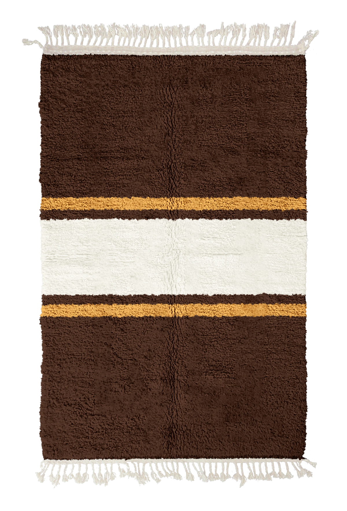 Sash Bands striped wool rug, cream bands and ochre yellow stripes on dark espresso brown, full view