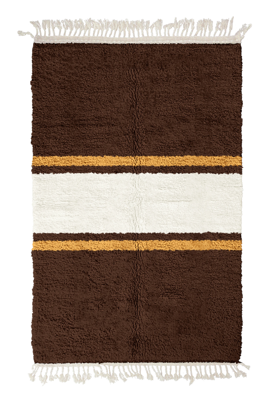 Sash Bands striped wool rug, cream bands and ochre yellow stripes on dark espresso brown, full view