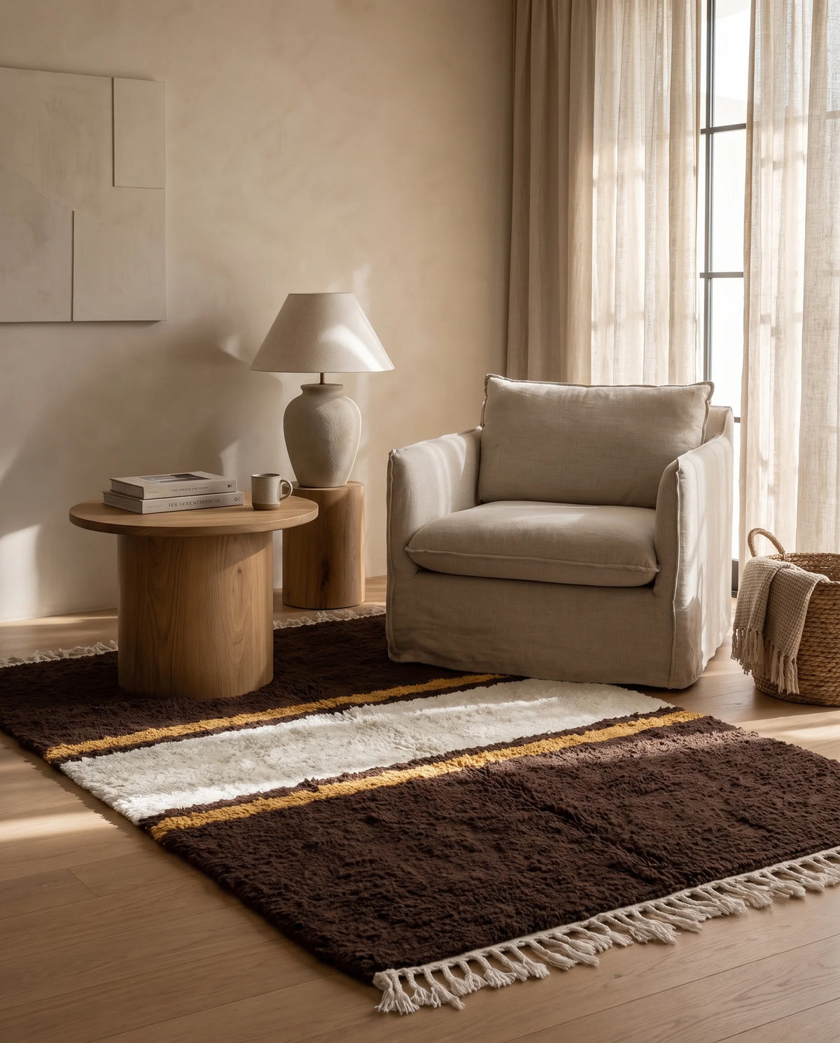 Cream, Ochre Yellow and Dark Brown striped wool rug in a furnished room