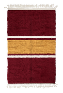 Sash Bands striped wool rug, ochre yellow bands and cream stripes on burgundy, full view