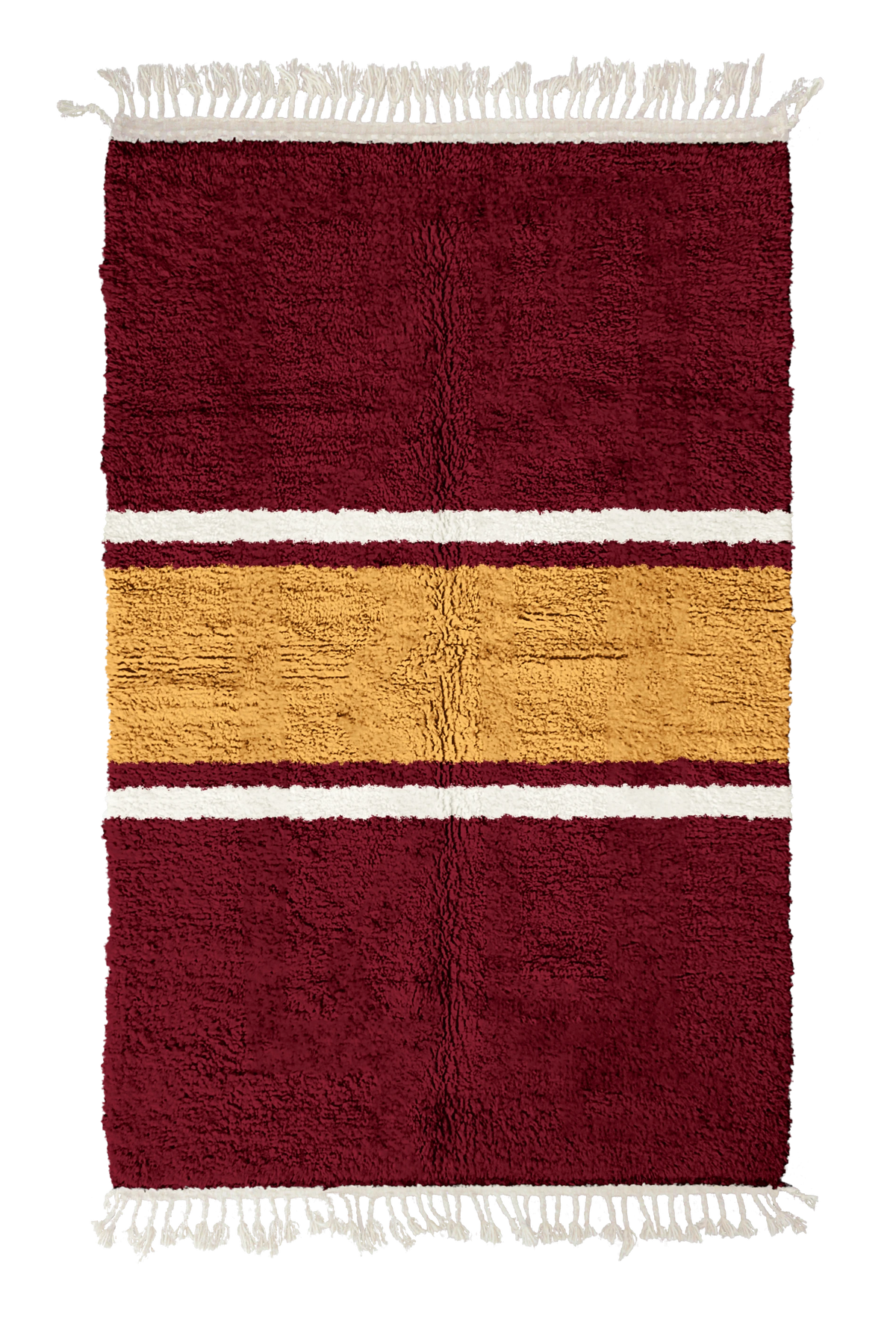 Sash Bands striped wool rug, ochre yellow bands and cream stripes on burgundy, full view