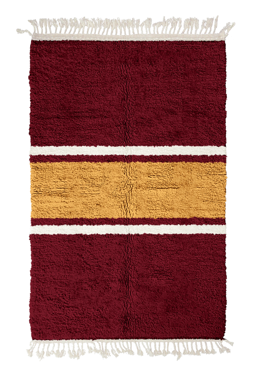 Sash Bands striped wool rug, ochre yellow bands and cream stripes on burgundy, full view