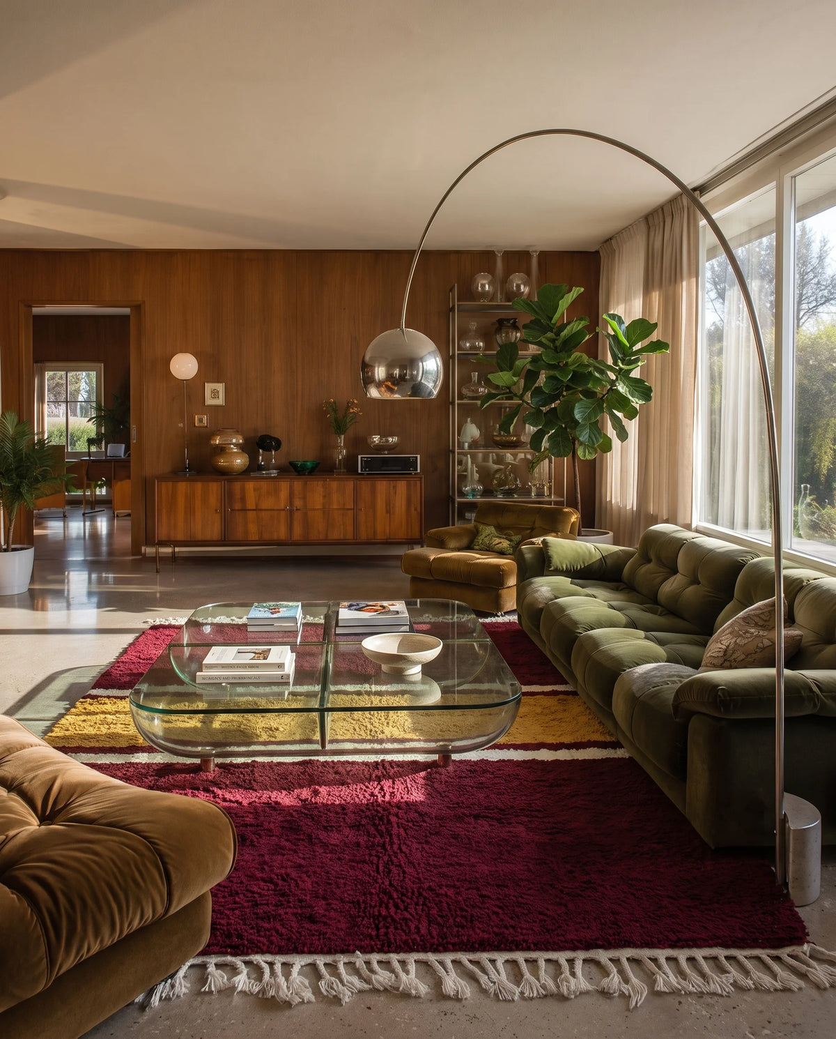 Ochre Yellow, Cream and Burgundy striped wool rug in a furnished room