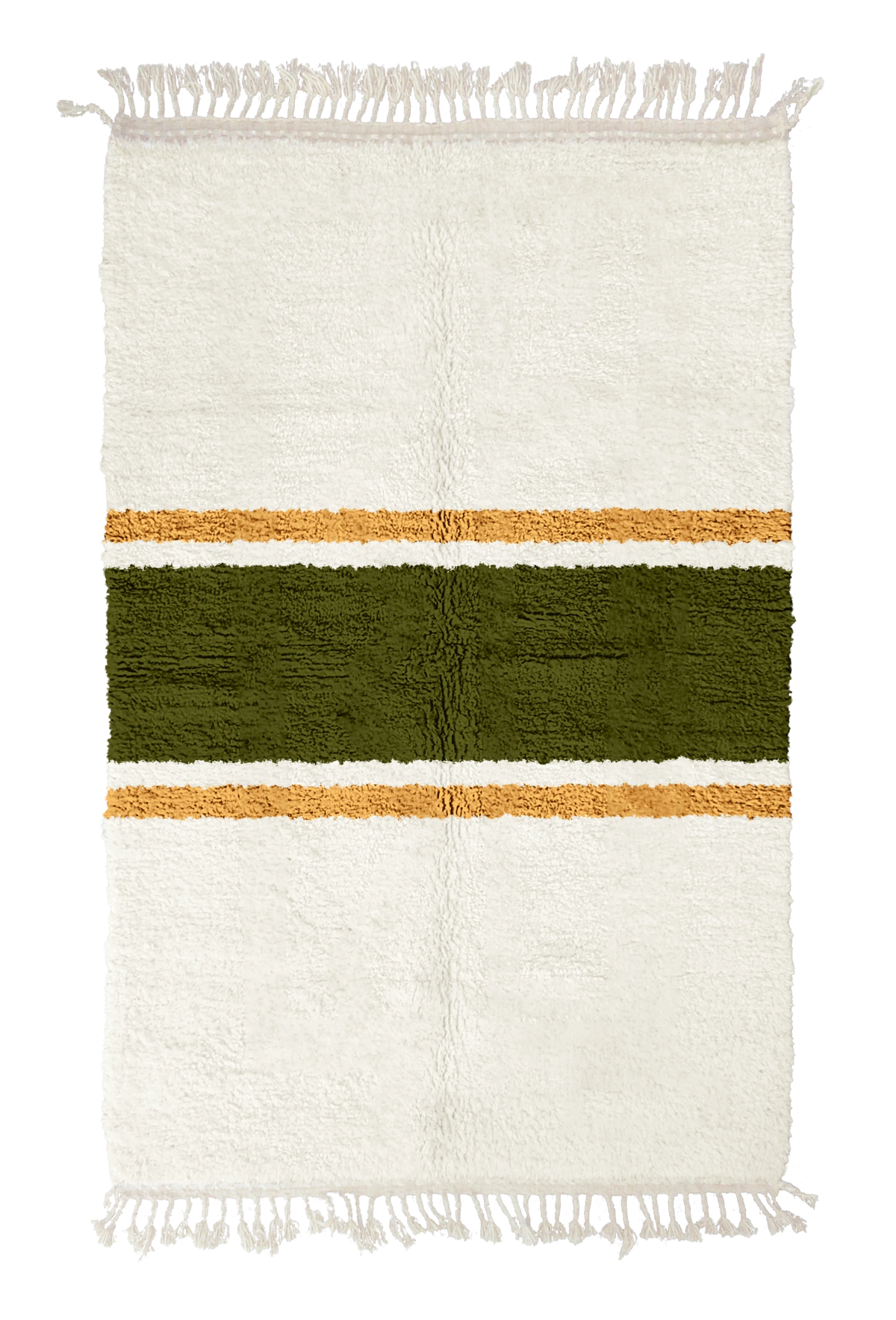 Sash Bands striped wool rug, olive green bands and ochre yellow stripes on cream, full view