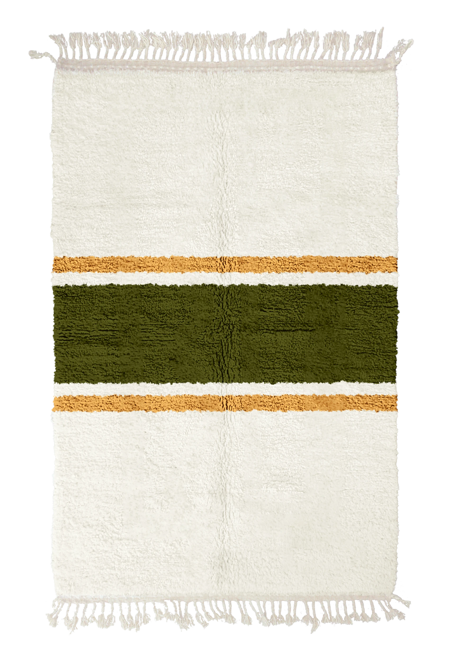 Sash Bands striped wool rug, olive green bands and ochre yellow stripes on cream, full view