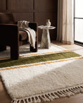 Load image into Gallery viewer, Olive Green, Ochre Yellow and Cream striped wool rug in a furnished room
