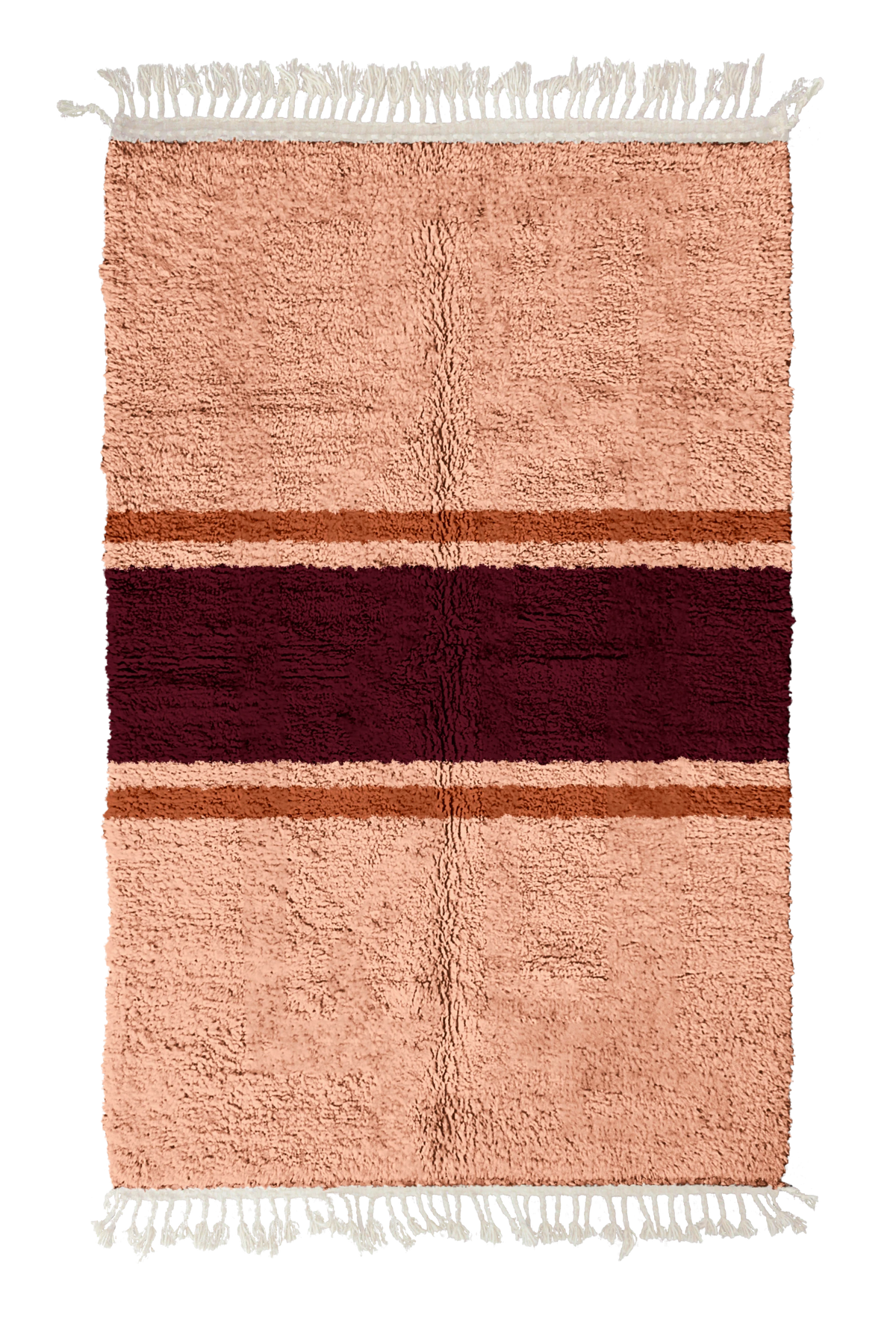 Sash Bands striped wool rug, oxblood red bands and terracotta stripes on blush pink, full view