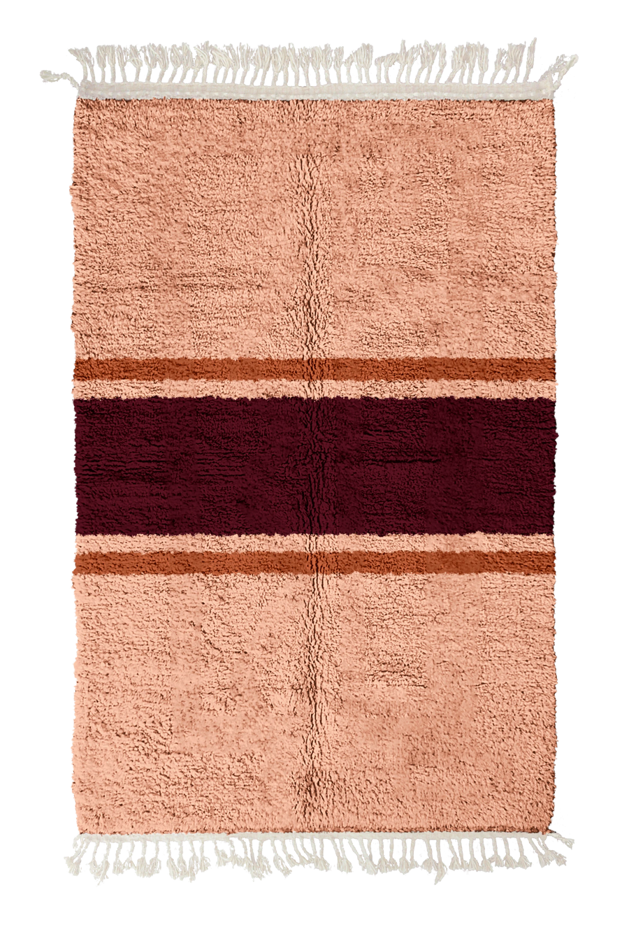 Sash Bands striped wool rug, oxblood red bands and terracotta stripes on blush pink, full view