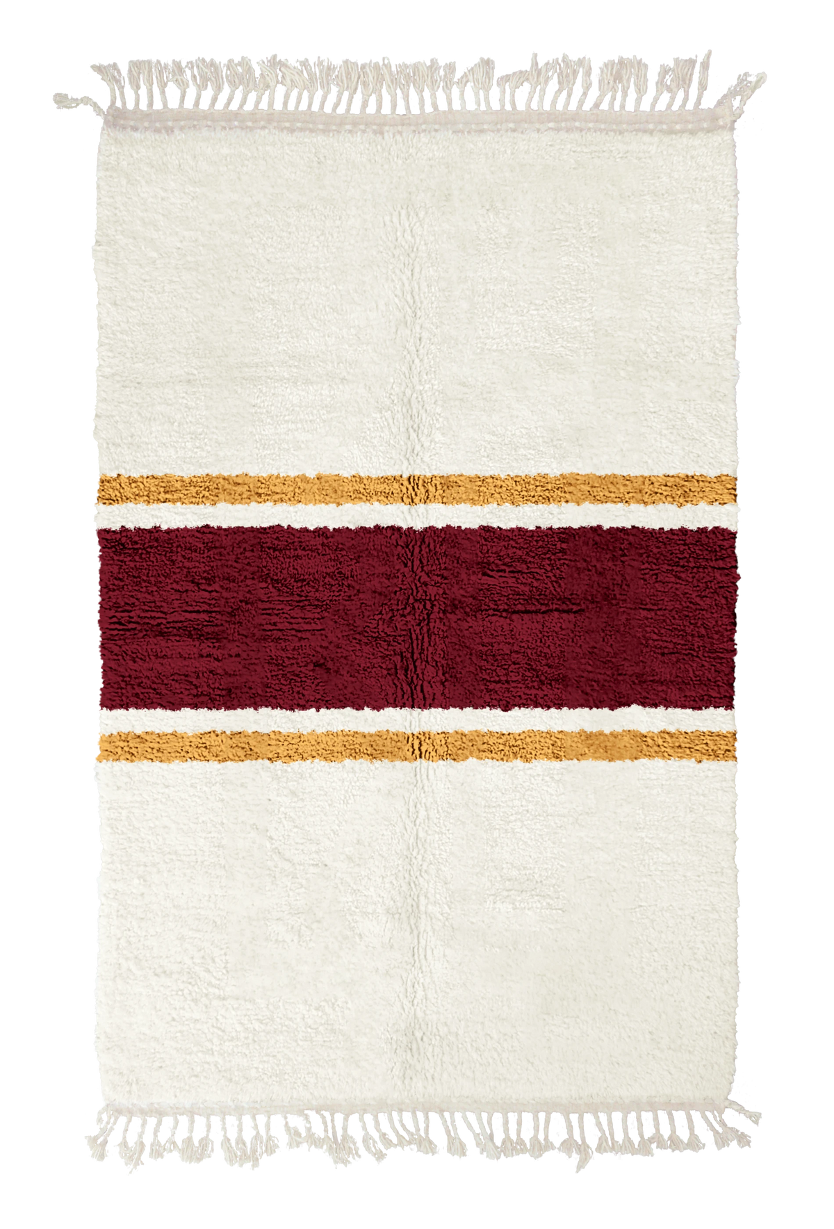 Sash Bands striped wool rug, burgundy bands and ochre yellow stripes on cream, full view