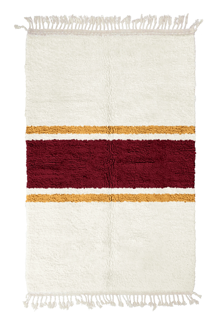 Sash Bands striped wool rug, burgundy bands and ochre yellow stripes on cream, full view