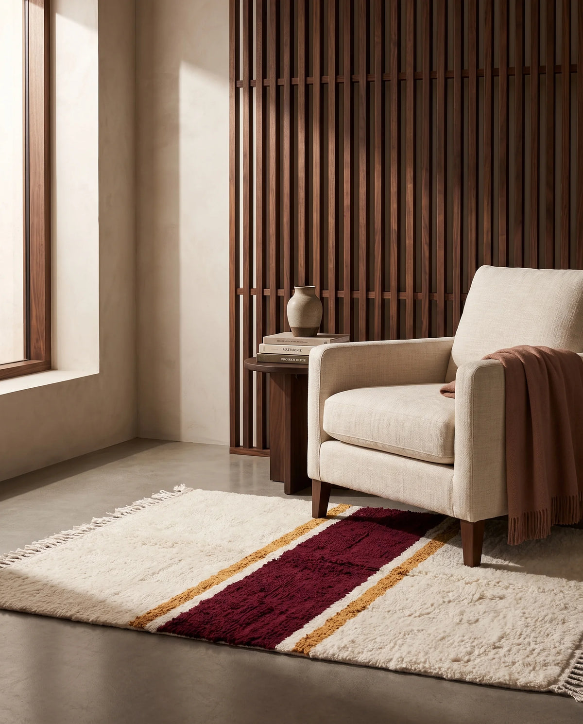 Burgundy, Ochre Yellow and Cream striped wool rug in a furnished room