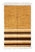 Load image into Gallery viewer, Hem Bands striped wool rug, dark brown bands and cream stripes on ochre yellow, full view
