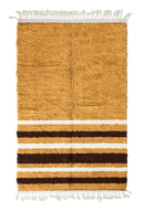 Hem Bands striped wool rug, dark brown bands and cream stripes on ochre yellow, full view